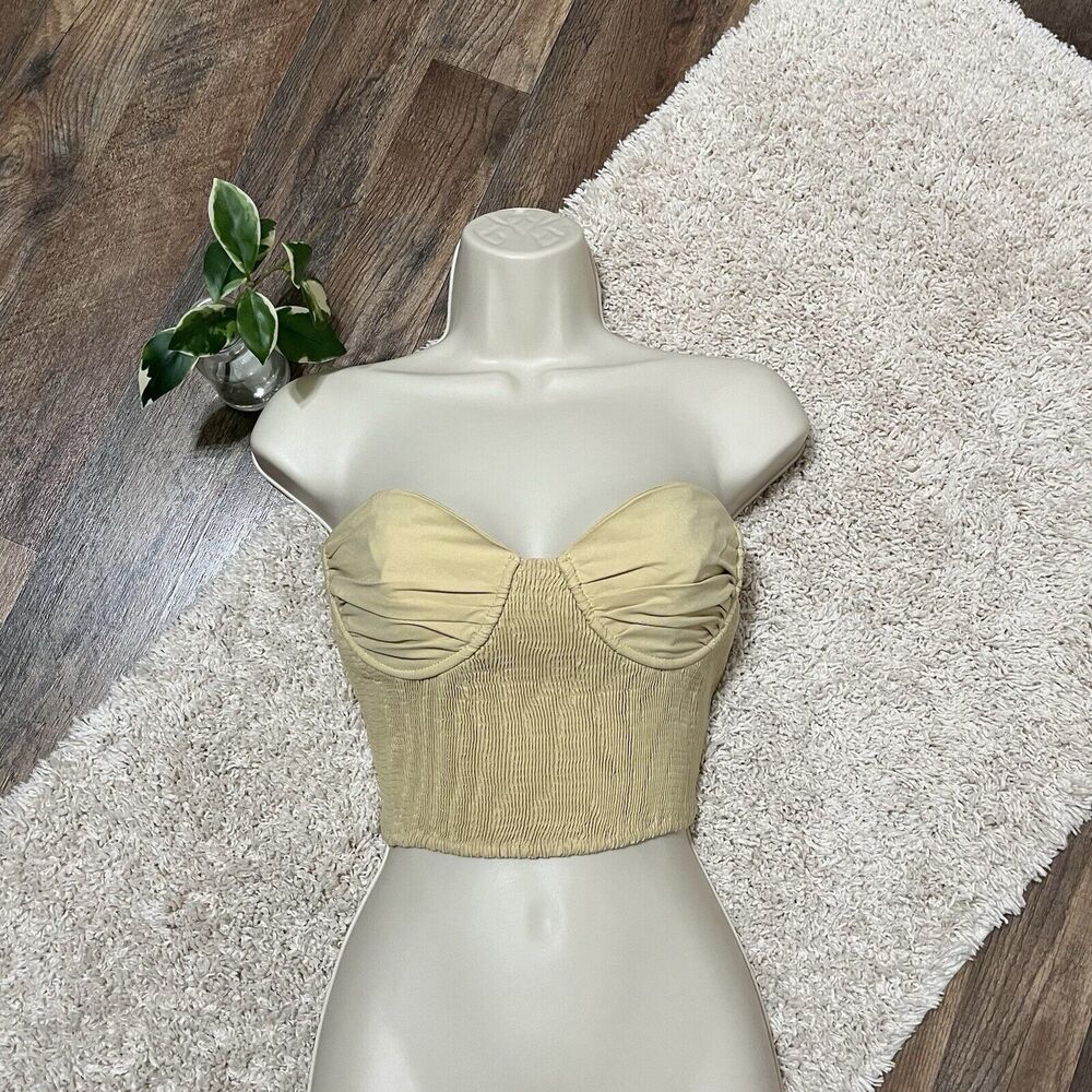 Zara Vanilla Smocked Linen Sweetheart Neckline Strapless Bustier Corset Top